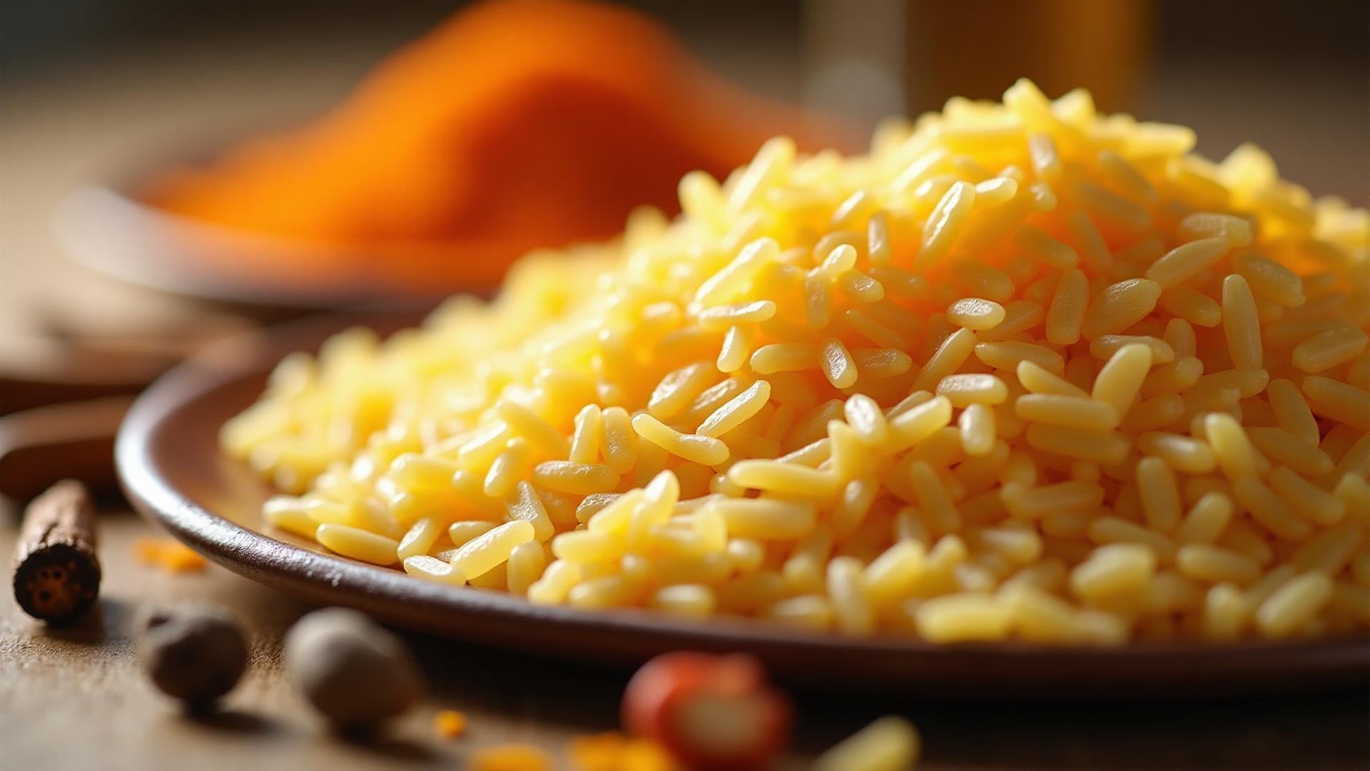 Premium basmati rice grains with saffron strands and aromatic spices