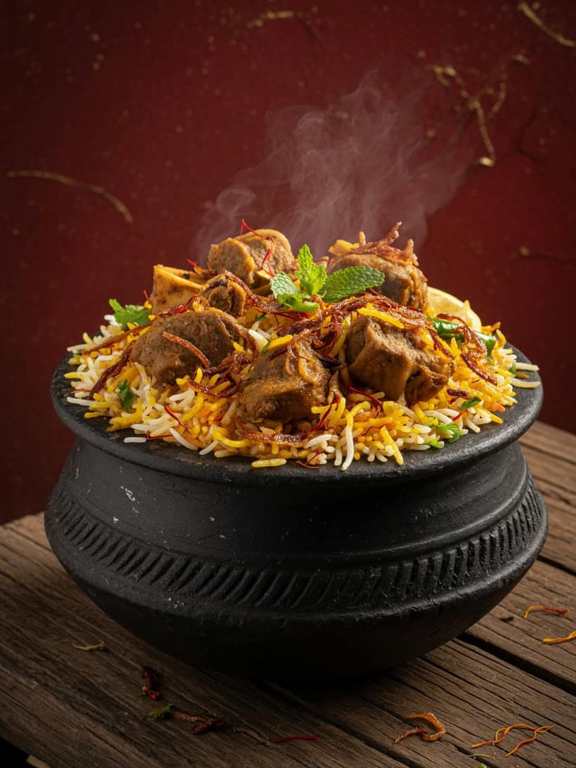 Mutton dum biryani served in a black clay handi